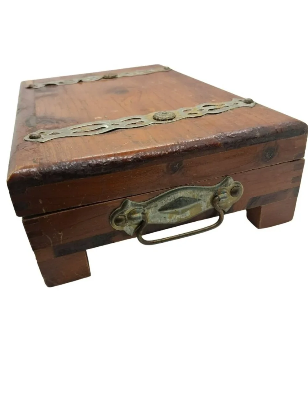 Vintage Wooden Jewelry Cigar Box Brass Accents Ornate Latch Rustic Storage Chest